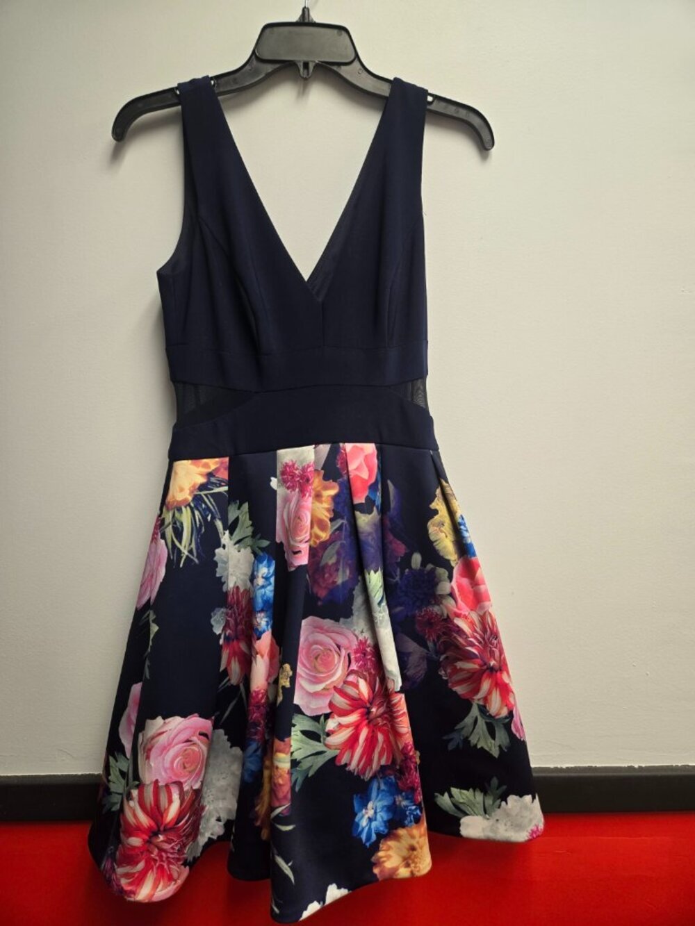 Xscape Womens Floral Fit & Flare Cocktail Dress 6 Navy Pink Wedding Guest Midi